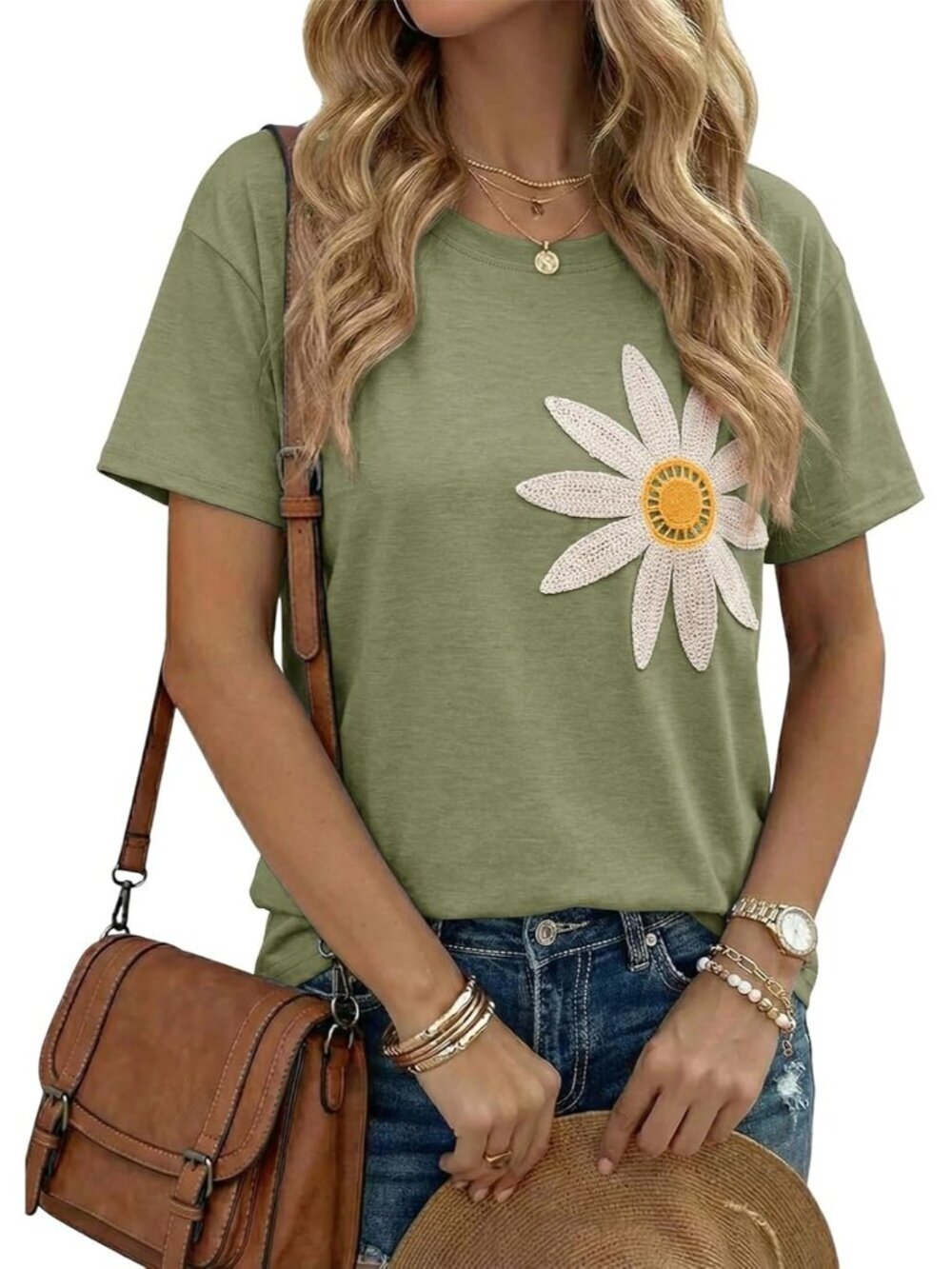 Womens Vineyard Green Crew-neck Short Sleeve Flower Embroidery Drop Shoulder Top